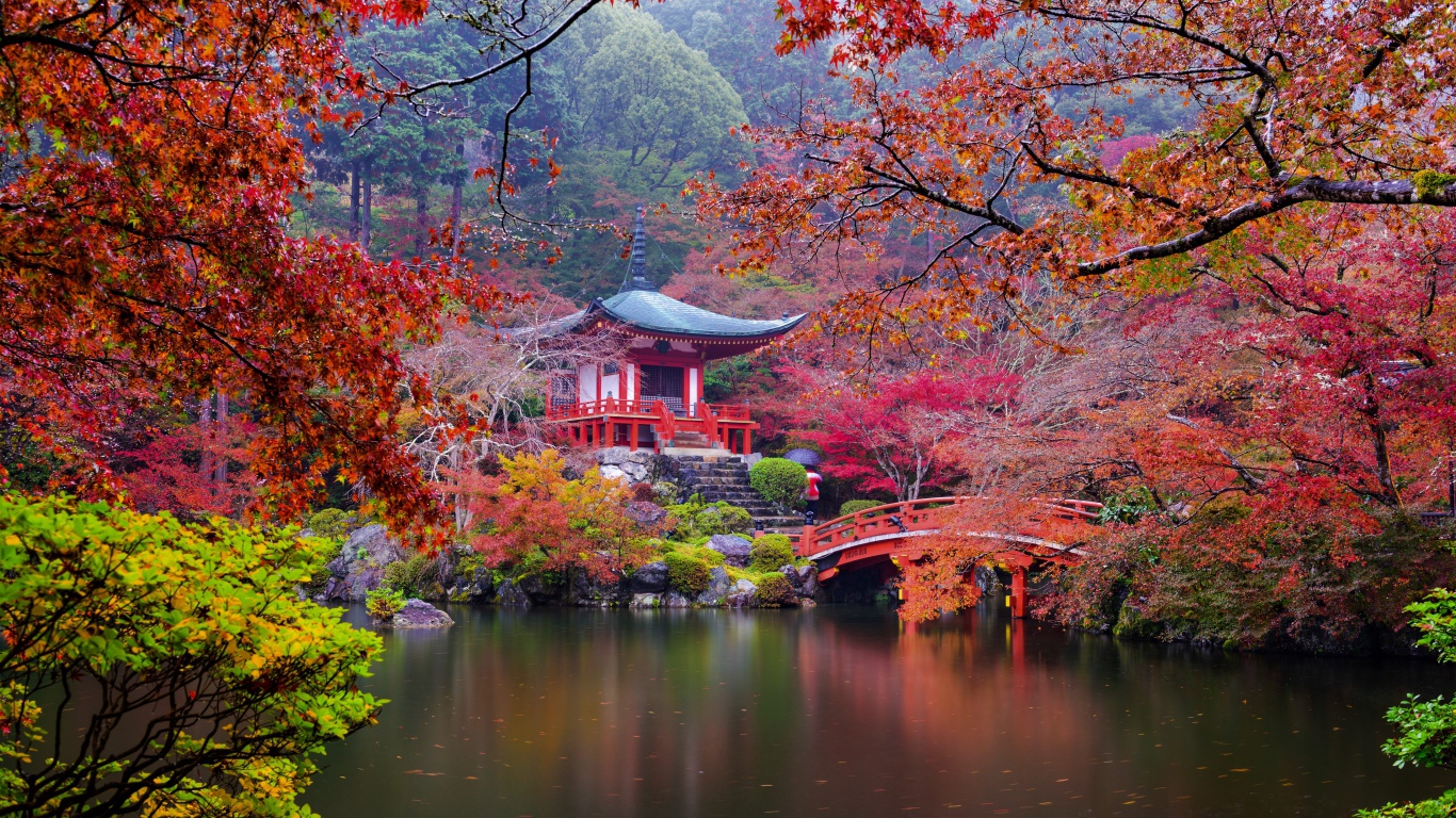 Осенний японский пейзаж у пруда