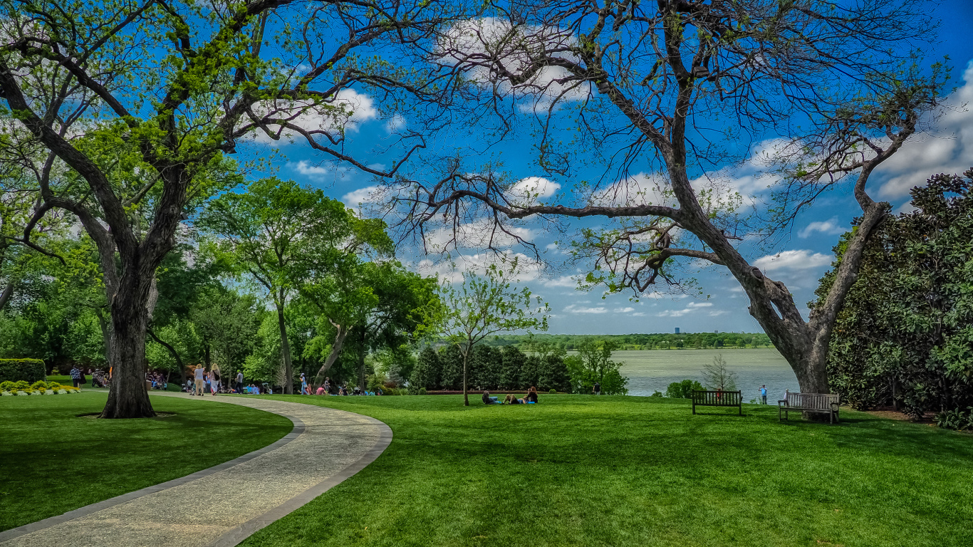 Зеленые газоны в парке на фоне красивого голубого неба