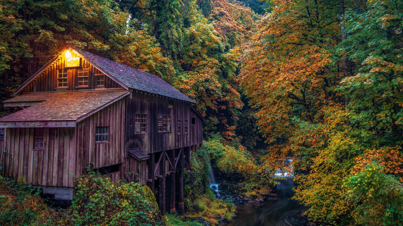 Водяная мельница в осеннем лесу