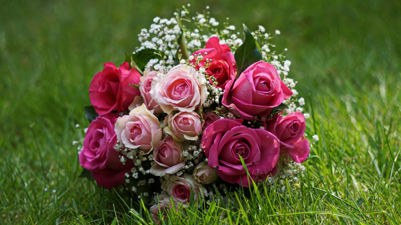 Букет роз лежит на зеленой траве