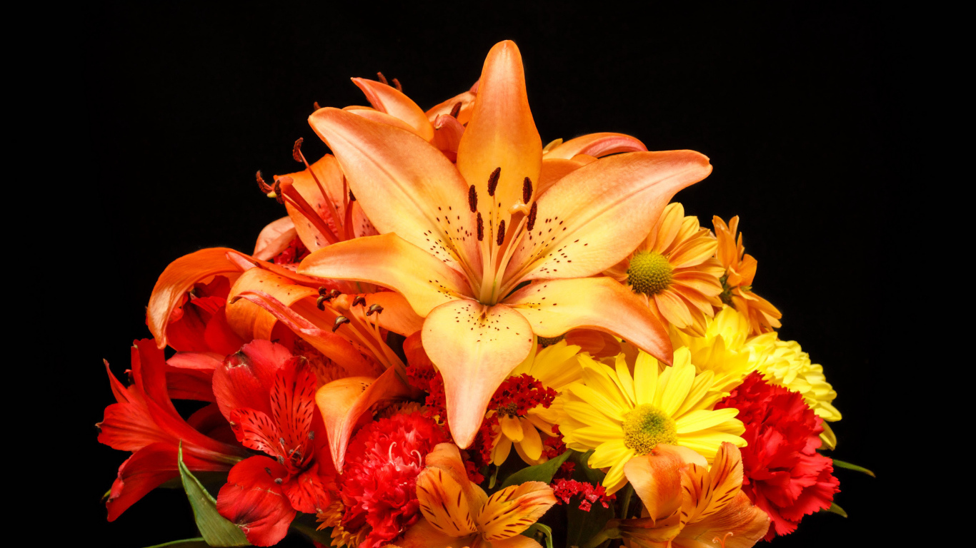 Букет разноцветных лилий на черном фоне 