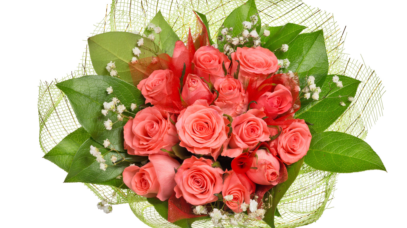 Букет розовых роз с большими зелеными листьями на белом фоне