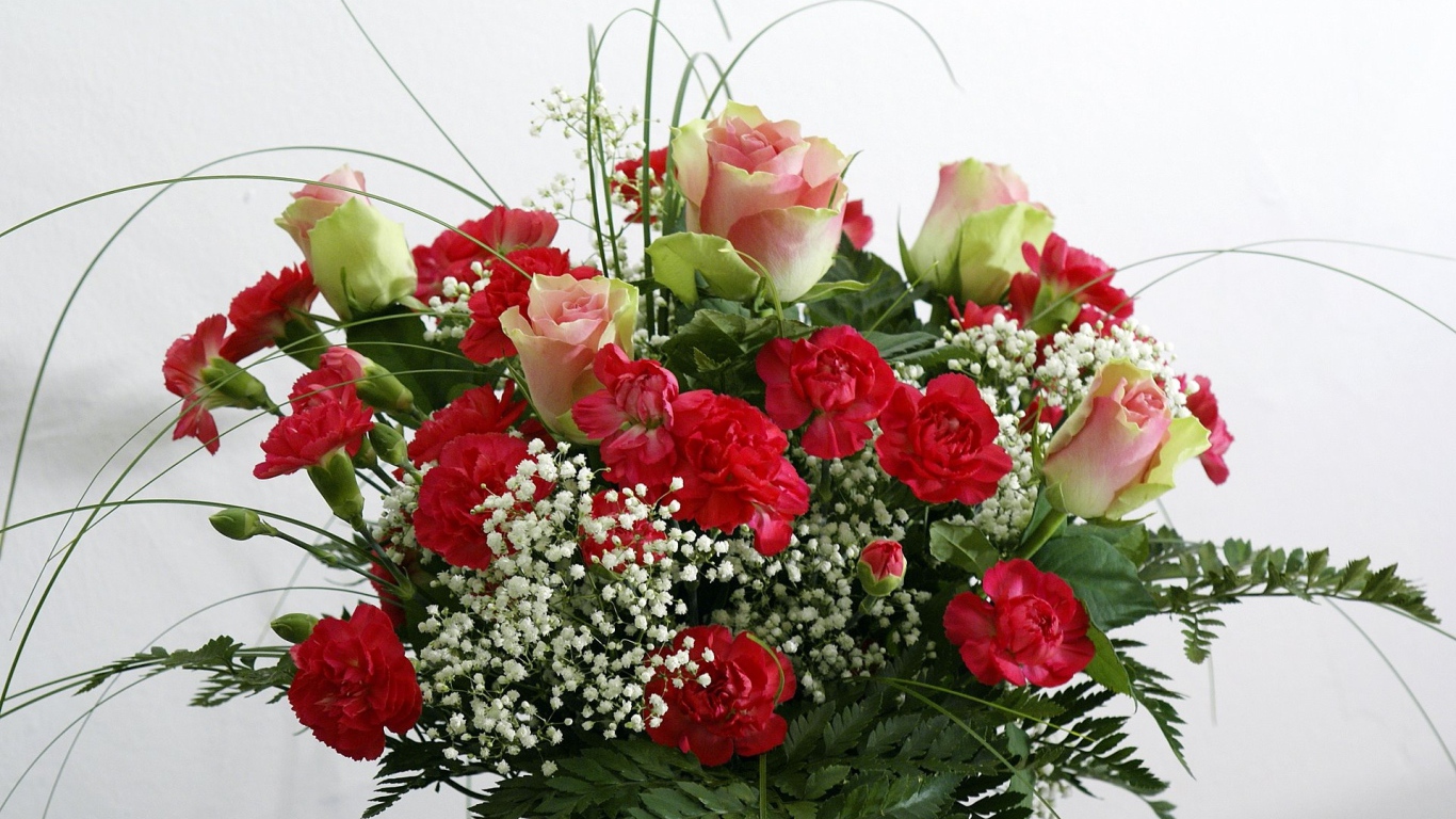 Букет роз с гвоздиками и зеленью на белом фоне