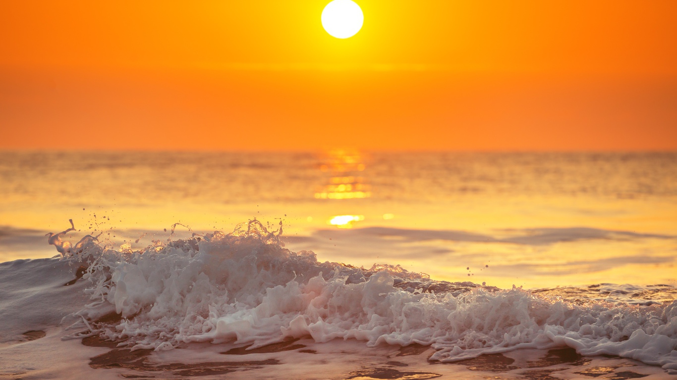 Белая пена на морском берегу в свете солнца на закате