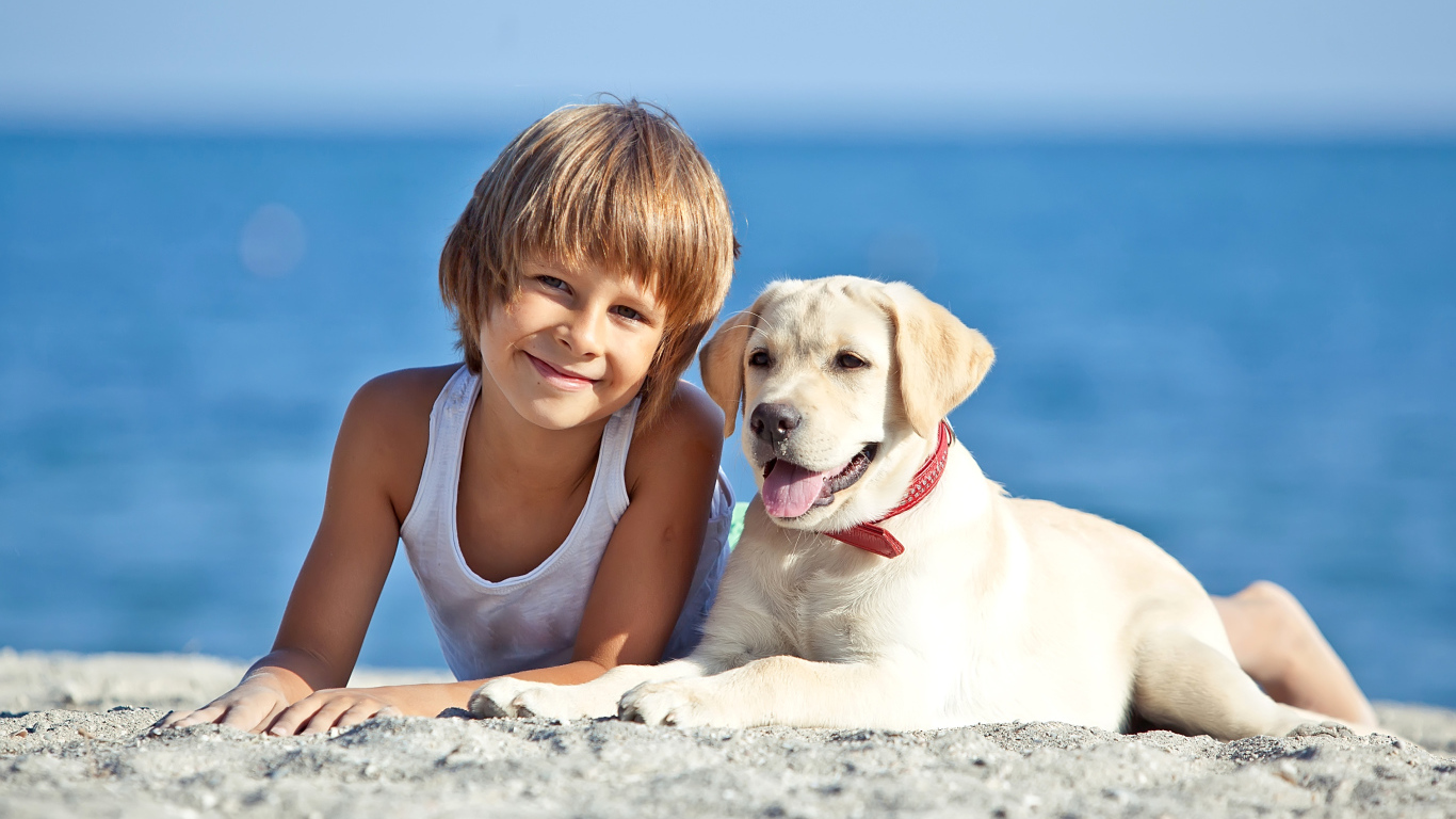 Симпатичный мальчик со щенком ретривера лежат на песке на пляже