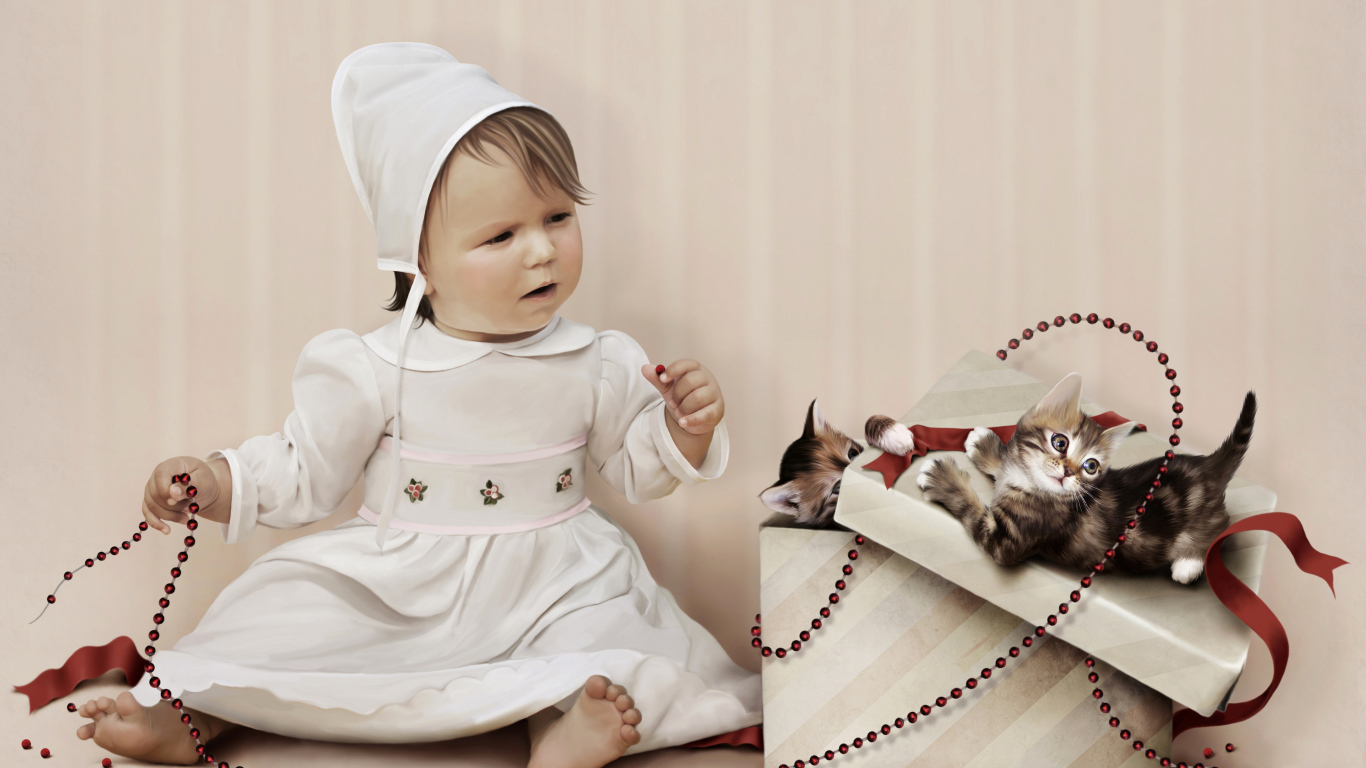 Маленькая девочка в белом платье с коробком с маленькими котятами