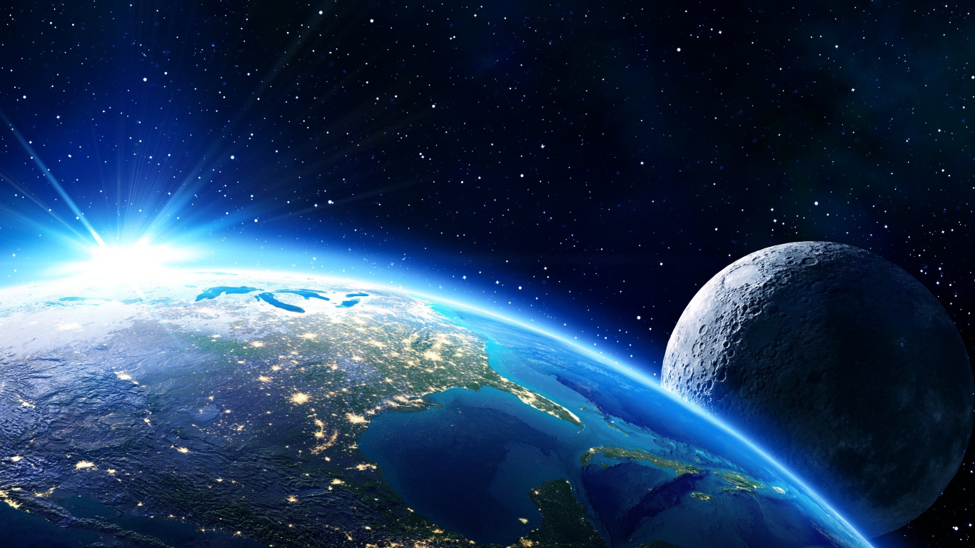 Planet earth with the moon in the starry space Desktop wallpapers 1366x768