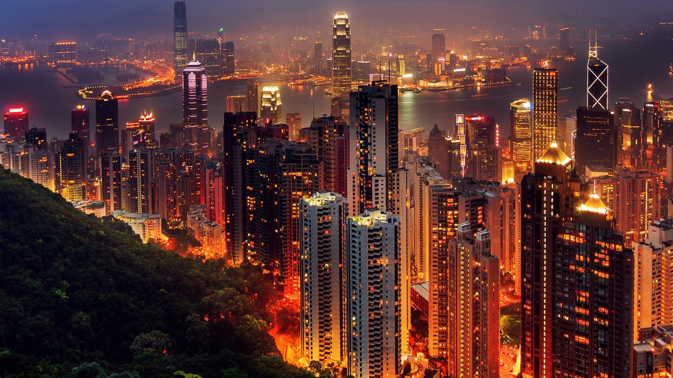 Вид на ночной Гонконг, Китай 