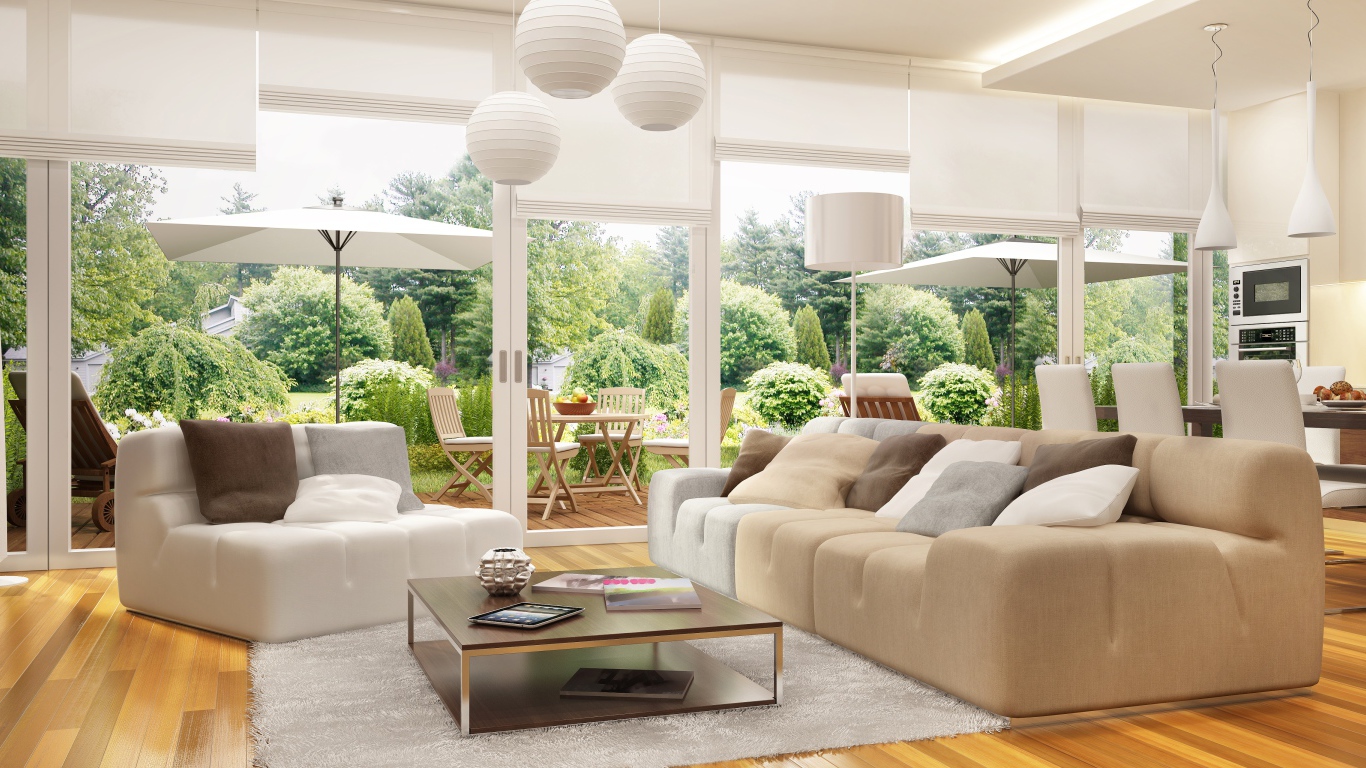 Просторная столовая комната с большими окнами