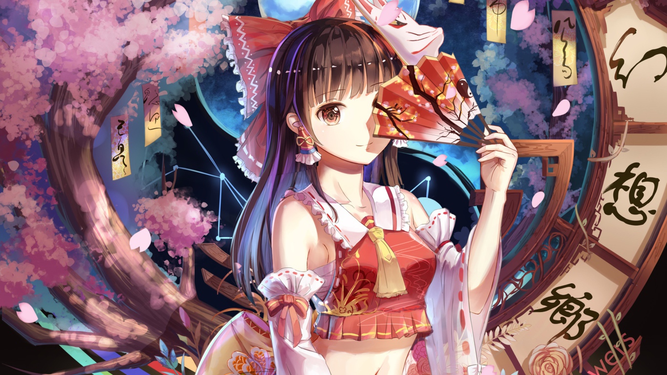 Девушка аниме Рейму Хакурей с веером в руке 