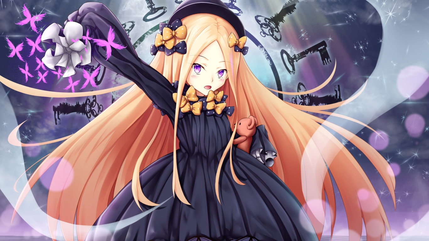 Девушка аниме с розовыми волосами в фиолетовом платье 