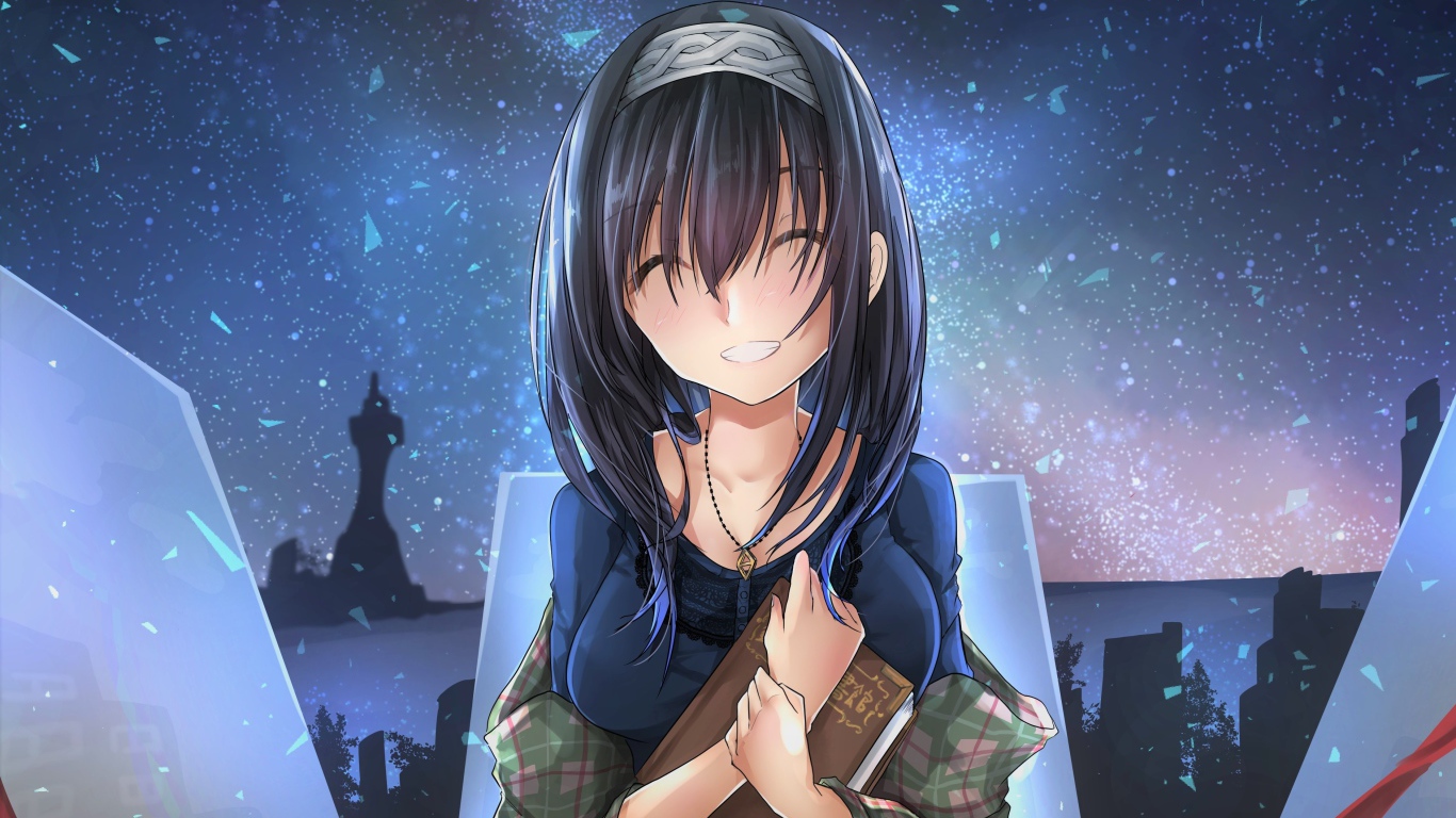 Улыбающаяся девушка аниме с книгой в руках