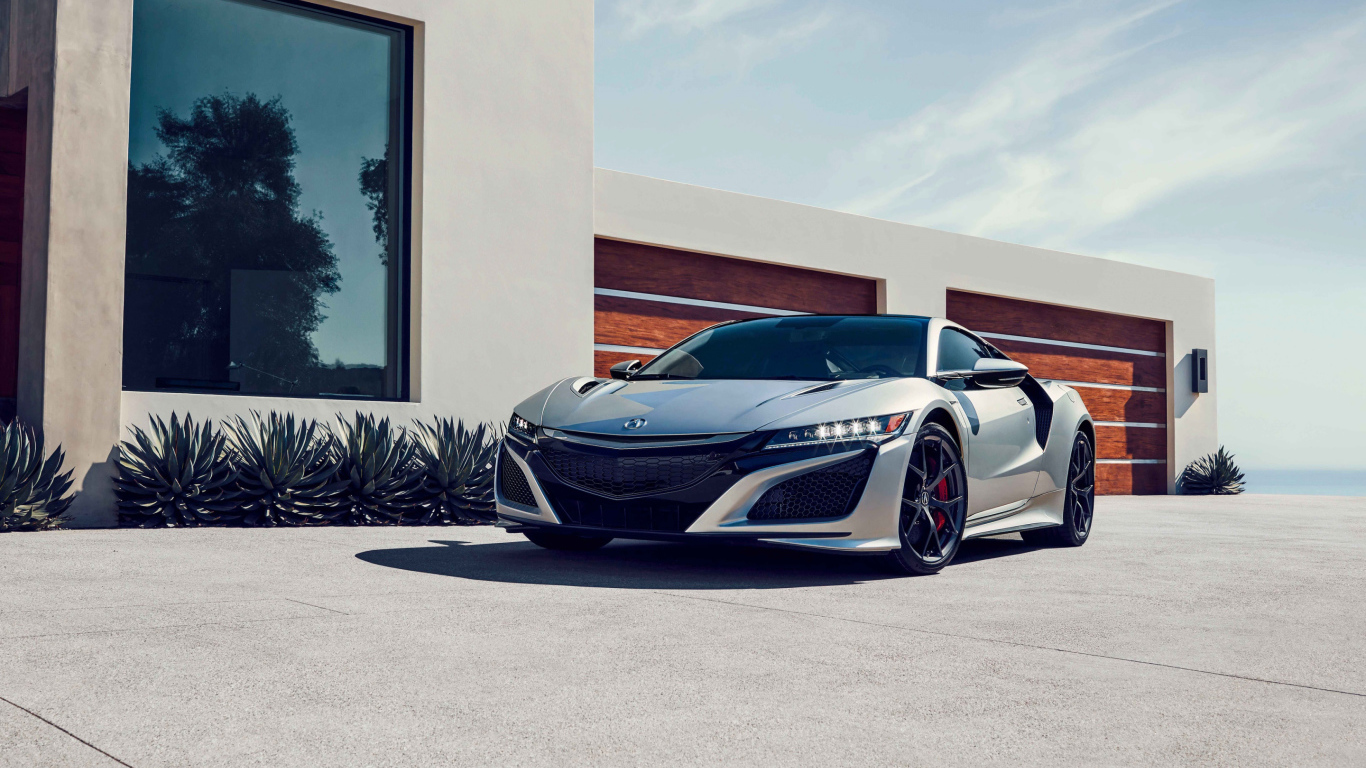 Серебристый спортивный автомобиль Acura NSX, 2019