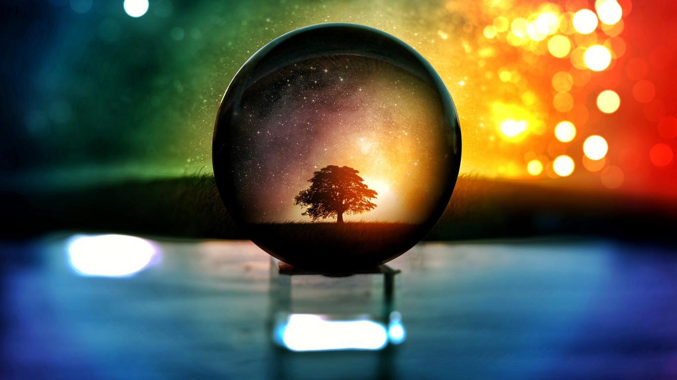Дерево  отражается в стеклянном шаре