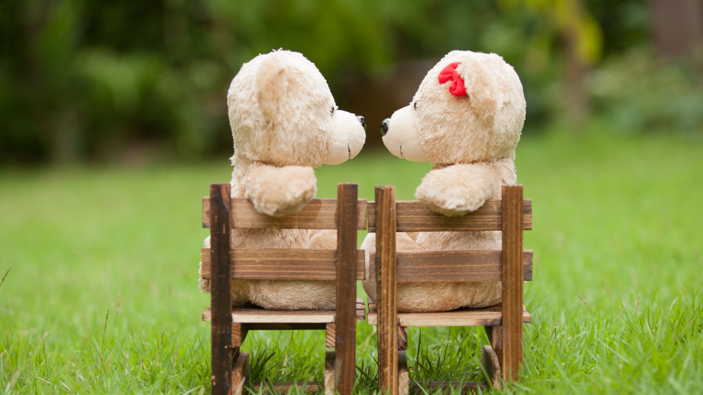 Два плюшевых мишки на деревянных креслах на зеленой траве