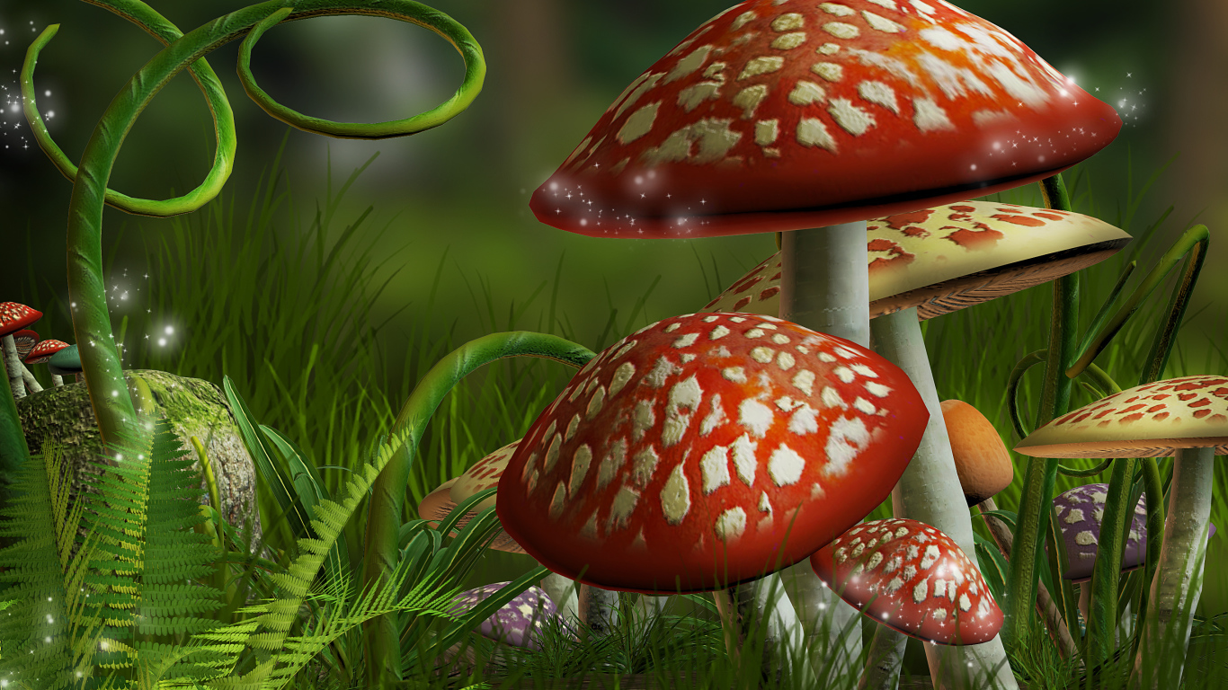 Нарисованные фантастические грибы мухоморы