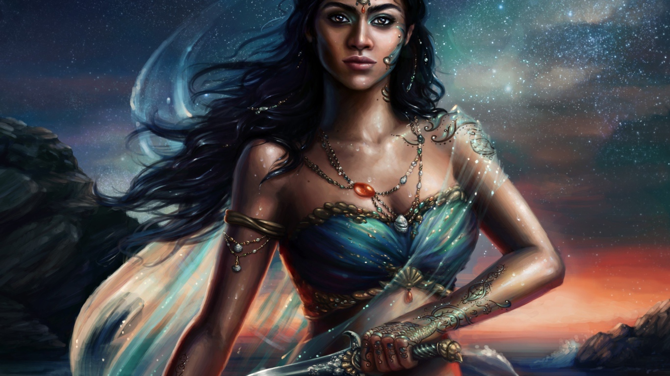 Красивая девушка воин с кинжалом в руках, фэнтези