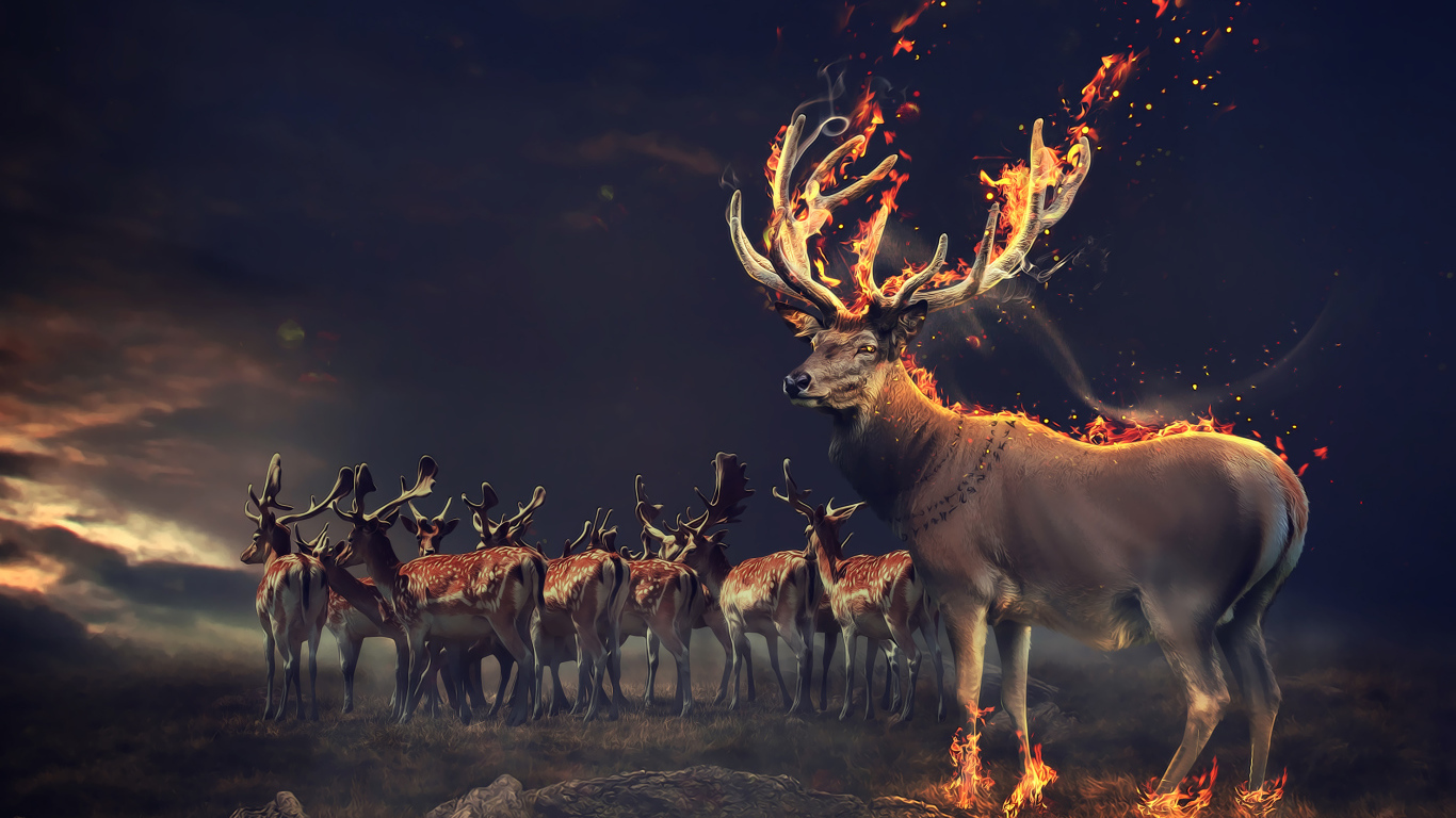 Фантастический олень с огненными рогами и копытами