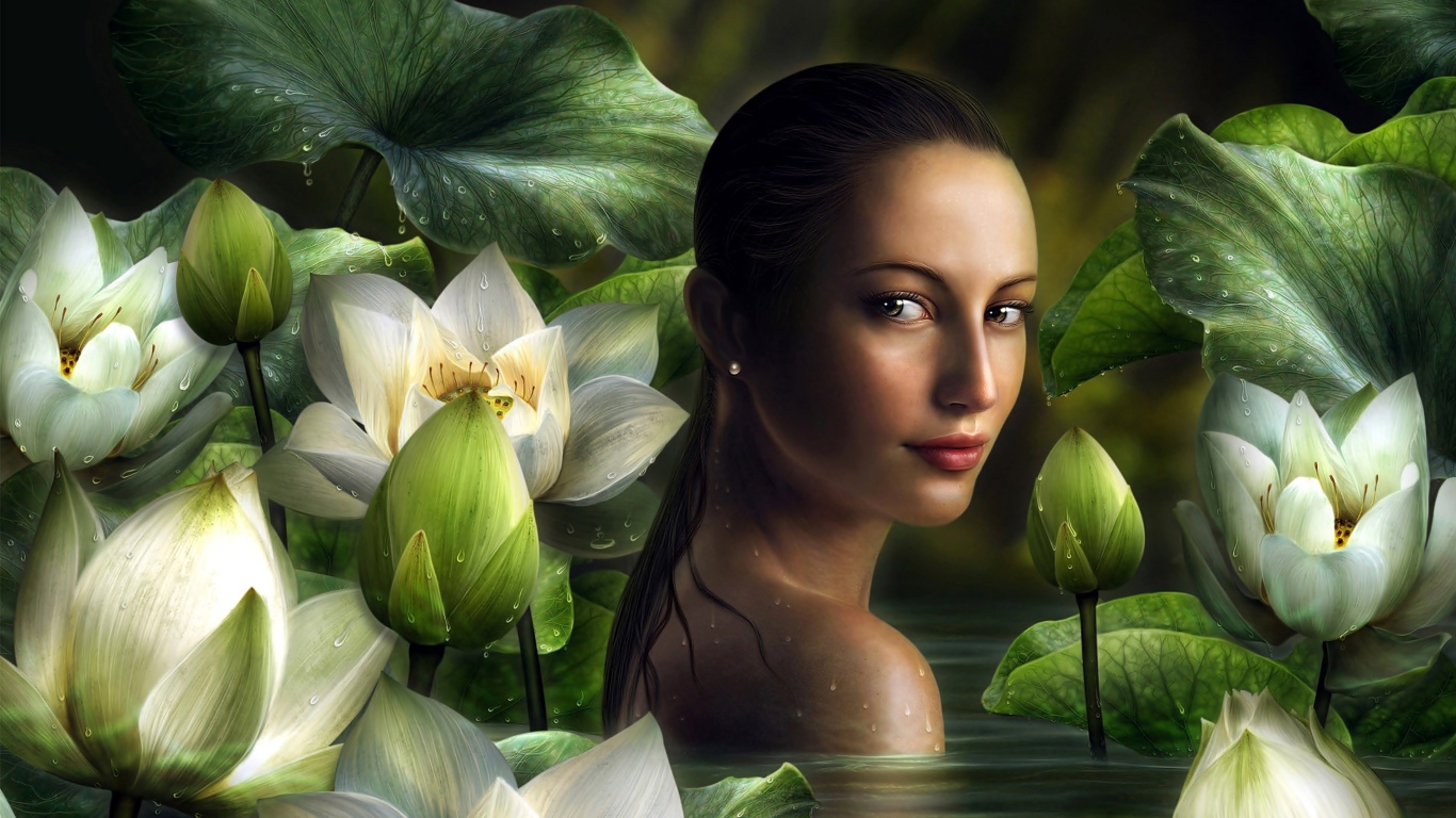 Девушка фэнтези на фоне белых цветов лотоса