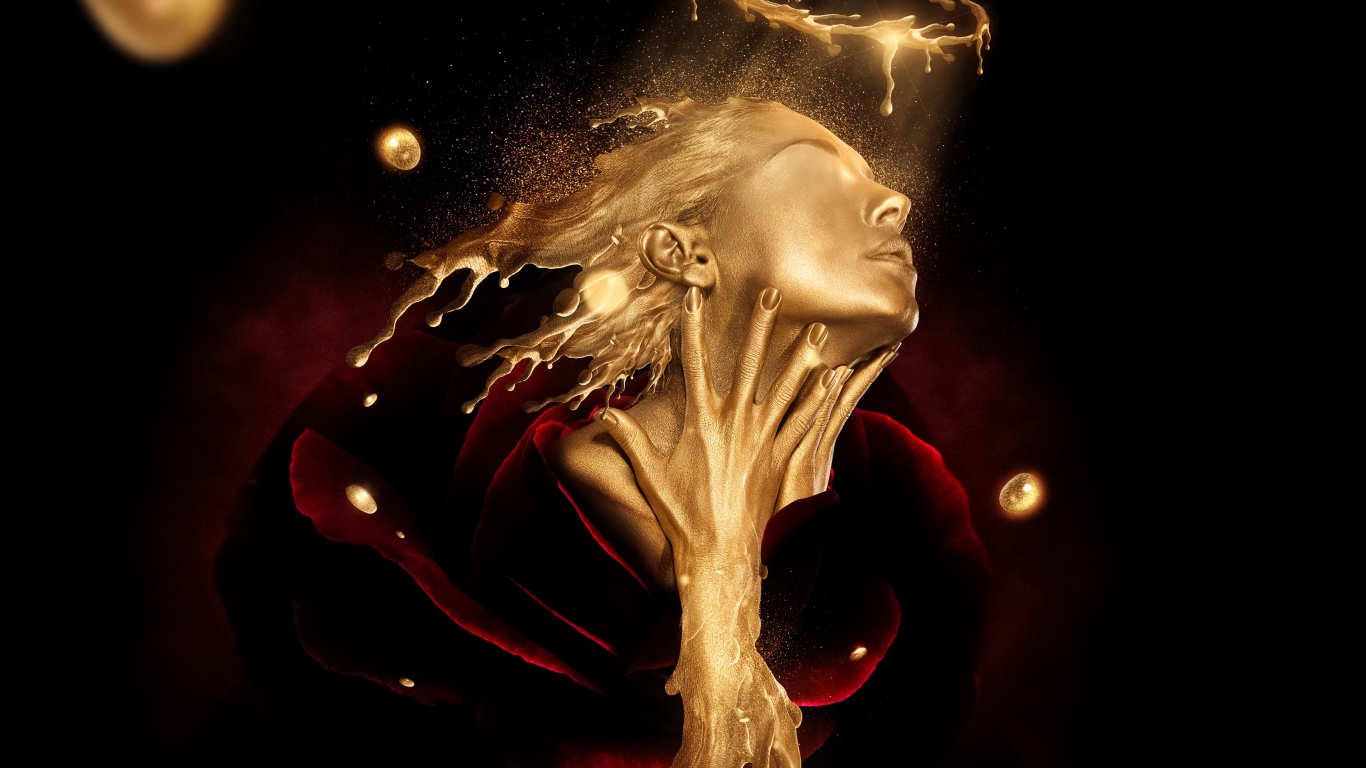 Лицо девушки из золота в красной розе, фэнтези