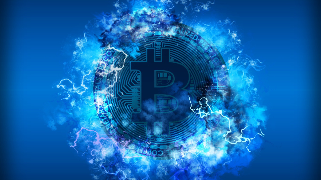 Coin bitcoin with lightning bolts on a blue background