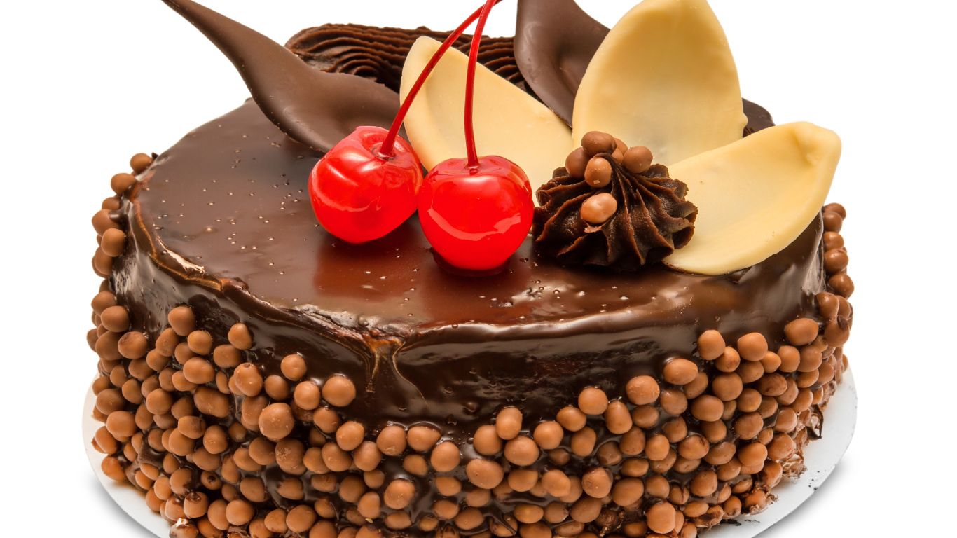 Аппетитный торт с шоколадом и вишнями на белом фоне