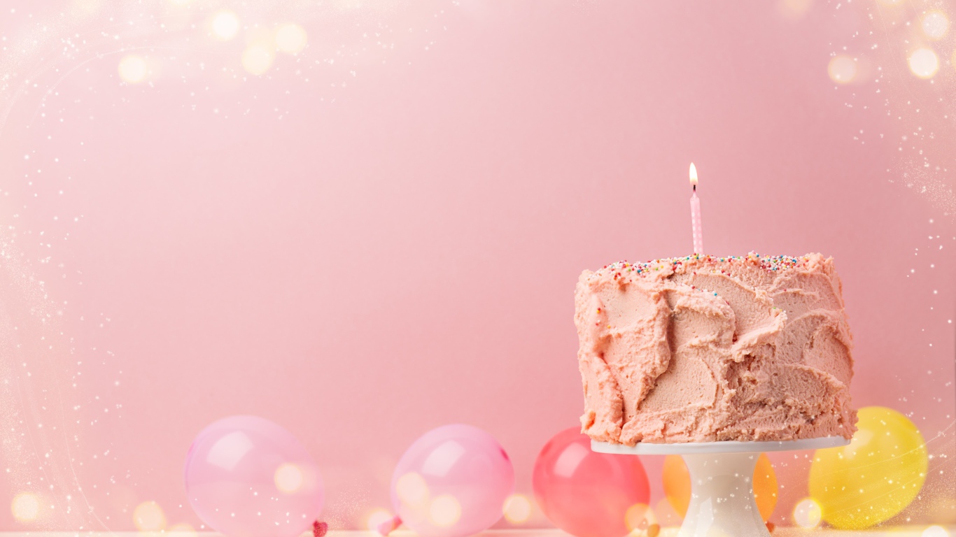 Праздничный торт с воздушными шарами на розовом фоне