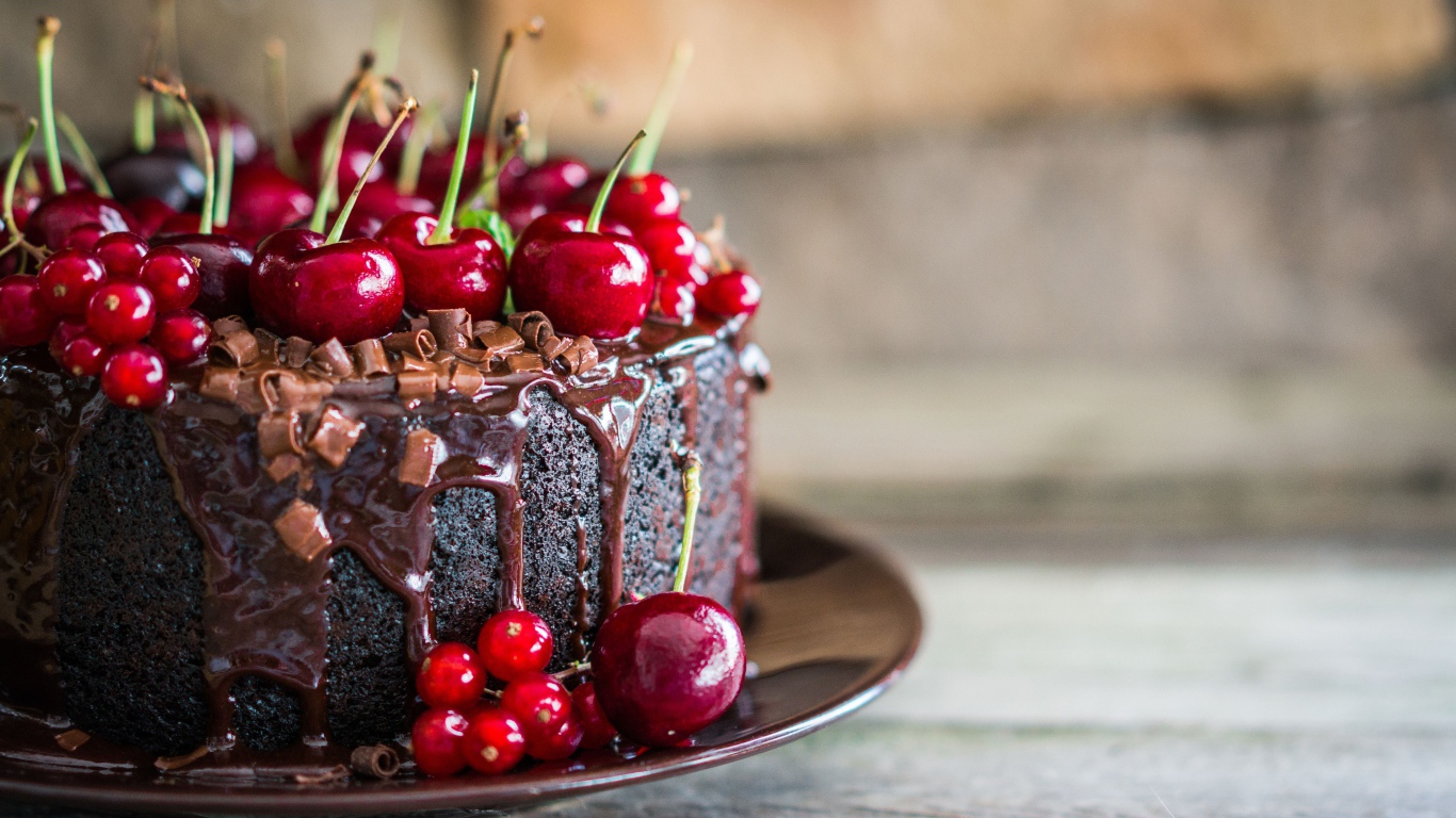 Шоколадный торт с ягодами вишни и красной смородины