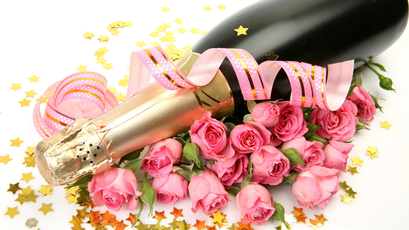 Бутылка шампанского с розовыми розами на белом фоне с розовой лентой 