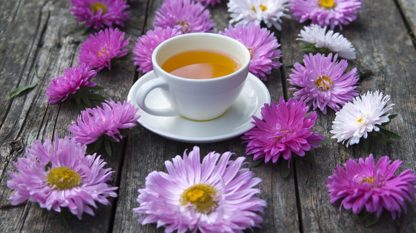 Белая чашка чая на столе с астрами