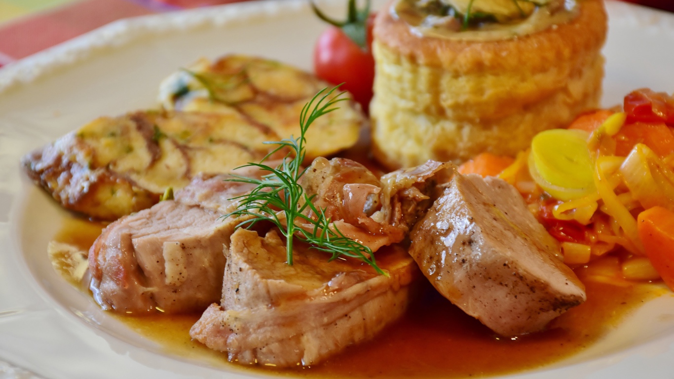 Мясо свинина на тарелке с соусом