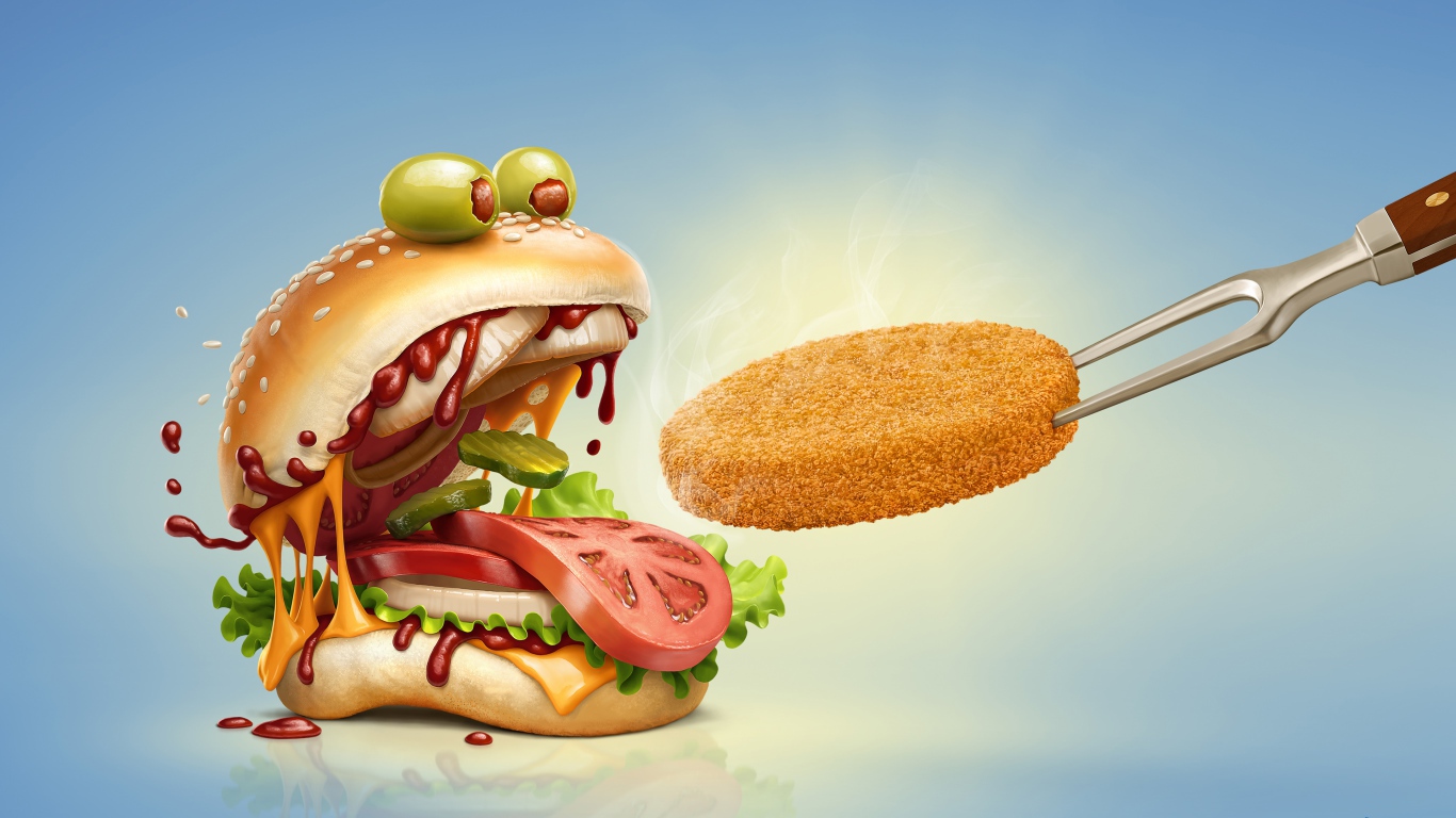Funny hamburger is fed with a chop