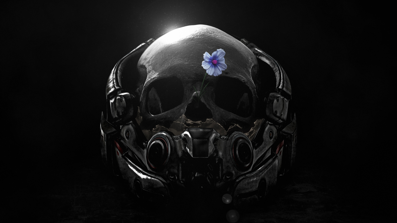 Череп в шлеме с голубым цветком, компьютерная игра  Mass Effect. Andromeda