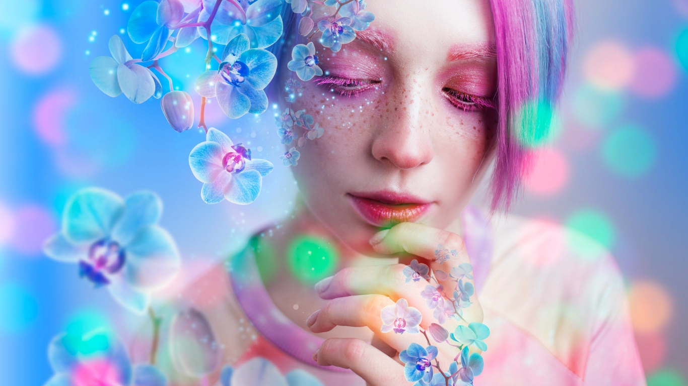 Молодая девушка с розовым макияжем в окружении цветов