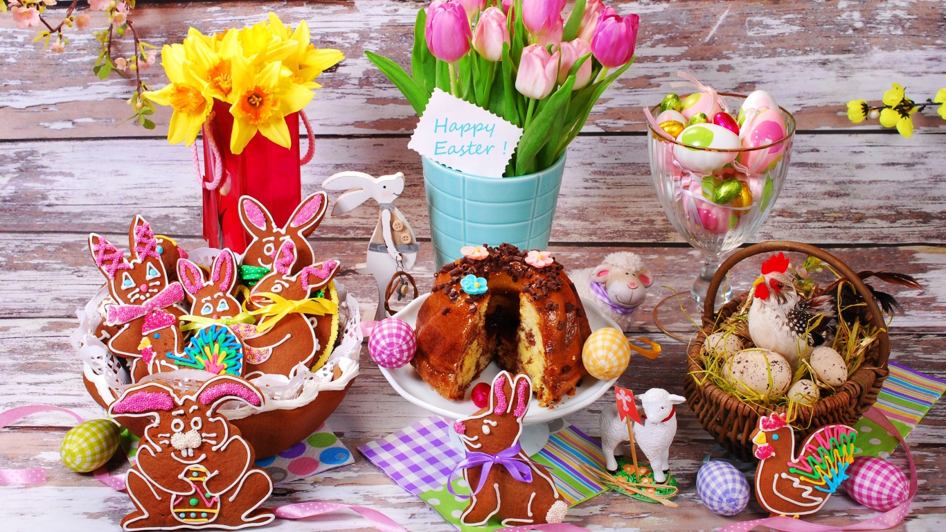 Вкусные праздничные угощения и живые цветы на праздник Пасха
