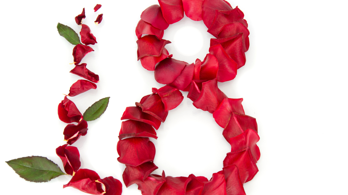 Цифра 8 из лепестков розы на белом фоне  на Международный женский день 8 марта