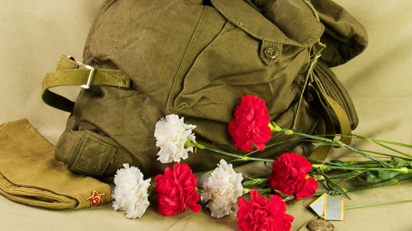 Рюкзак, букет гвоздик и орден на 9 мая