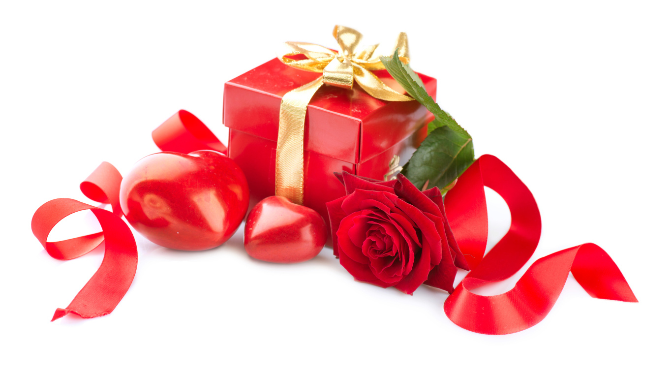 Подарок в красной коробке на белом фоне с красными сердечками и красной розой, подарок любимой на 14 февраля