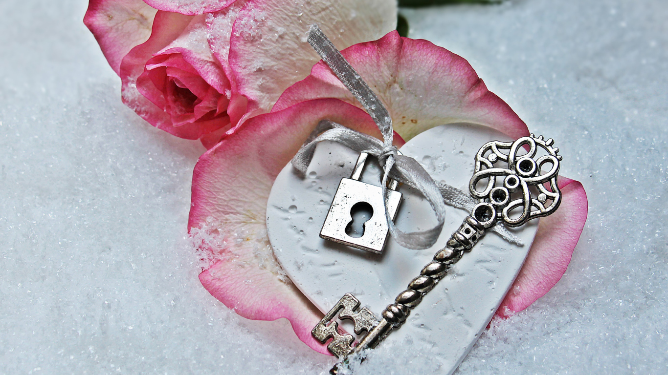 Розовая роза лежит на снегу с ключом