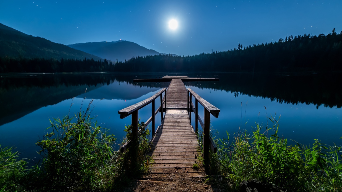 Деревянный мост на озере в полнолуние