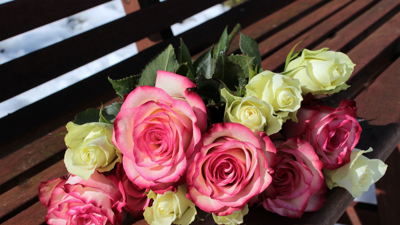 Букет розовых и белых роз лежит на лавке в парке