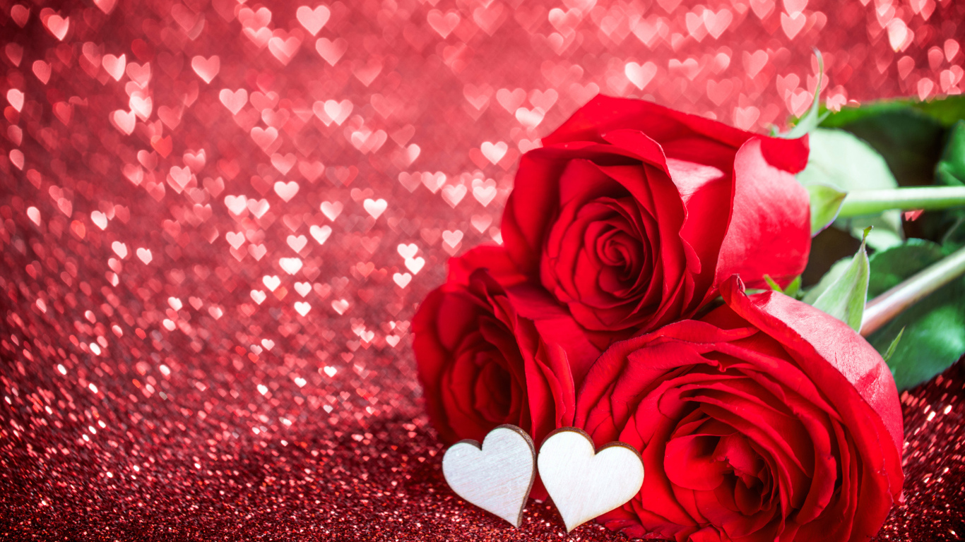 Три красные розы с маленькими белыми сердечками на красном фоне