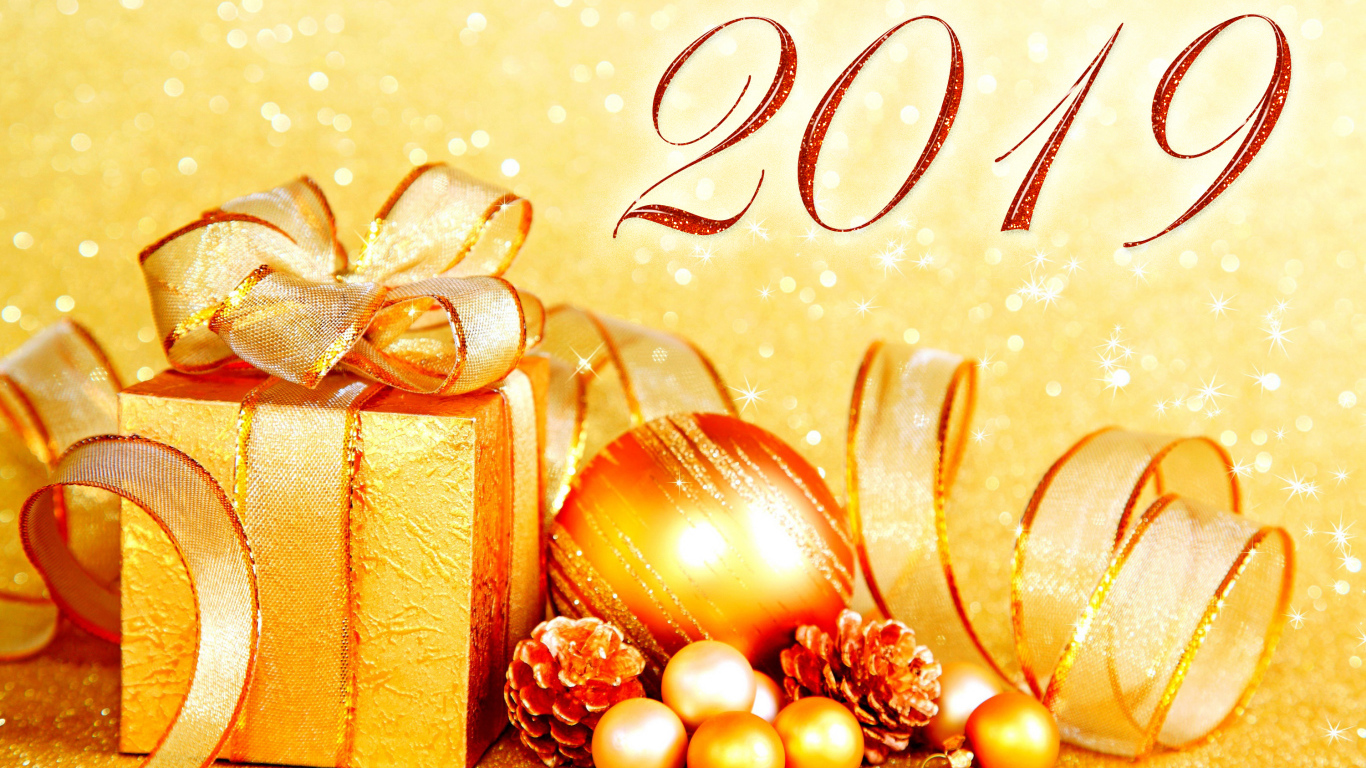 Красивый золотой подарок и игрушки на Новый год и Рождество 2019 