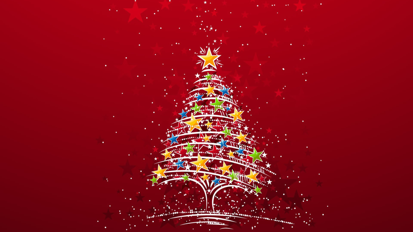 Новогодняя елка из разноцветных звезд на красном фоне