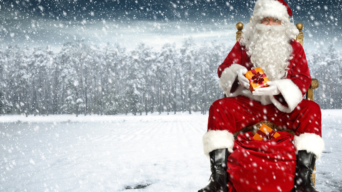 Jolly Santa Claus is sitting on a bag in a snowy forest