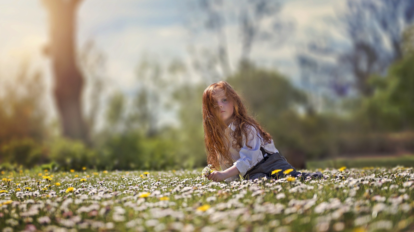 Маленькая рыжеволосая девочка сидит на поле с белыми ромашками