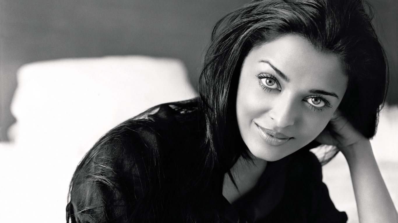 Indian actress Aishwarya Rai, black and white photo