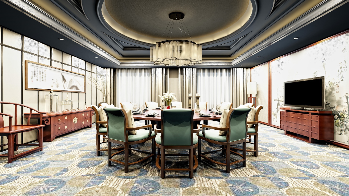 Большая гостиная комната со столом и большой люстрой