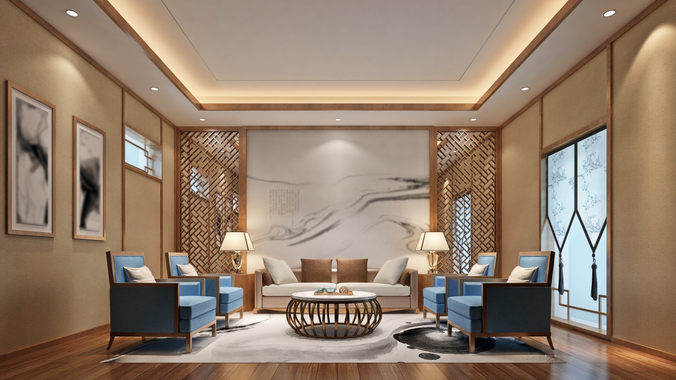 Большая стильная гостиная с креслами и диваном