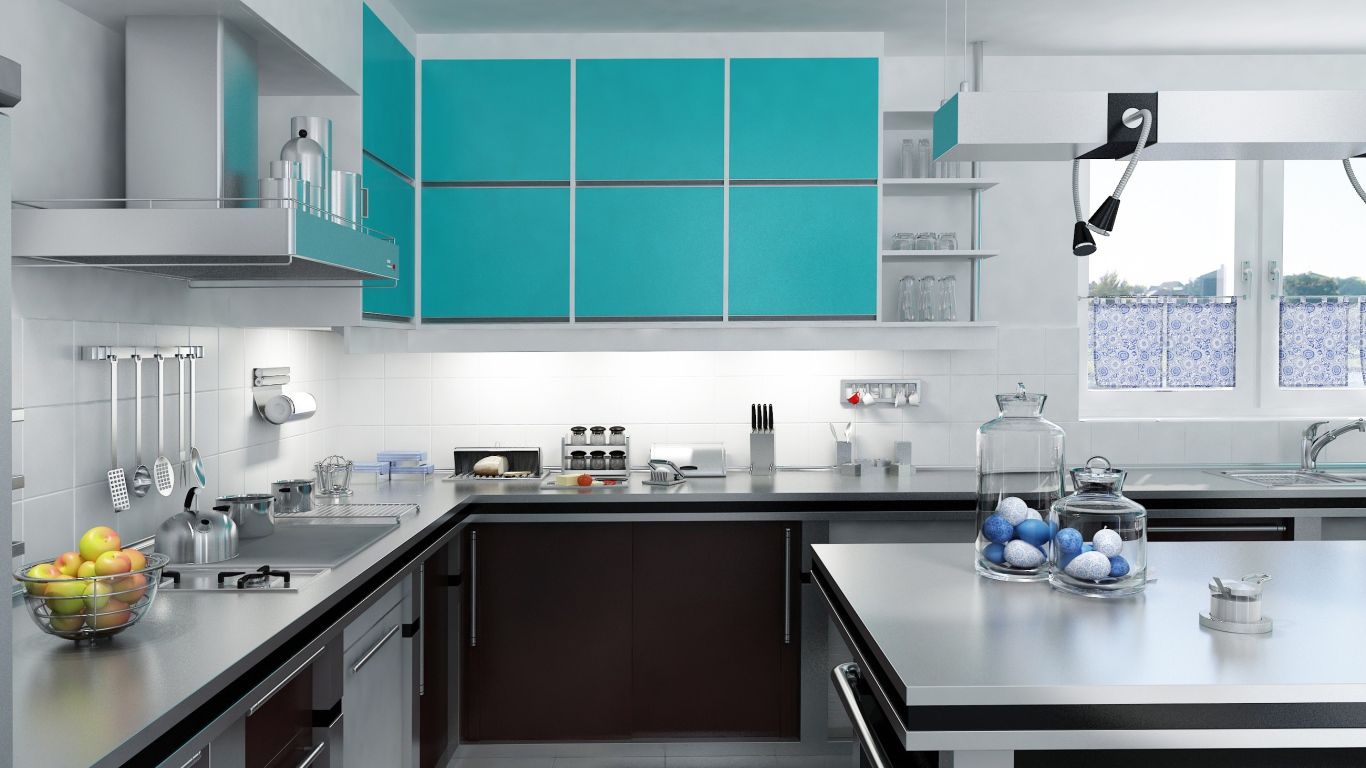 Стильная кухня сером и голубом цвете